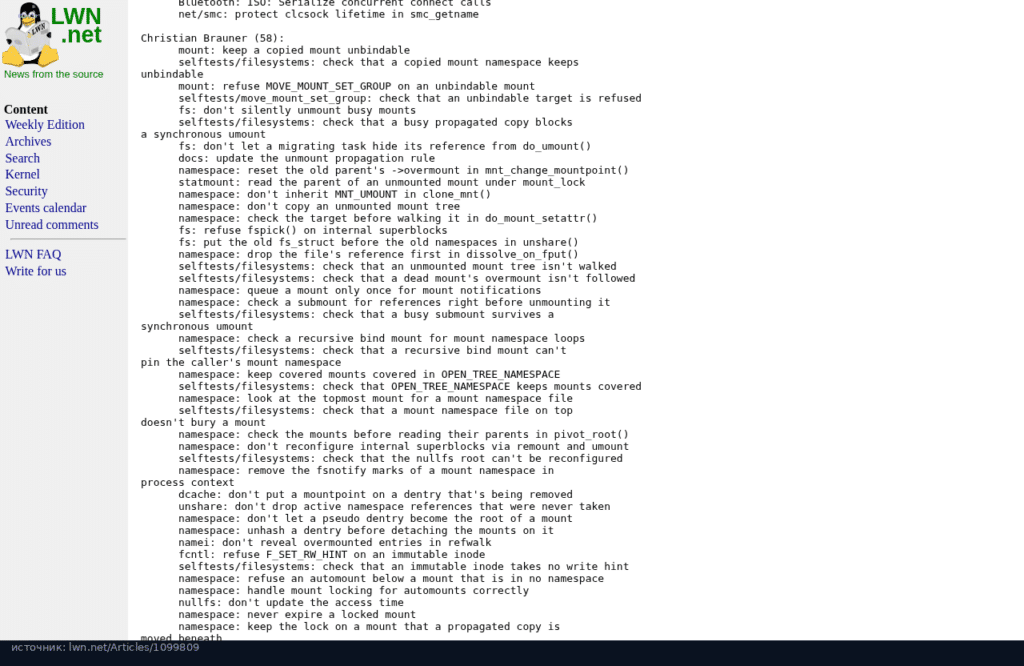 Список исправлений Кристиана Браунера для mount namespace в Linux 7.3-rc7