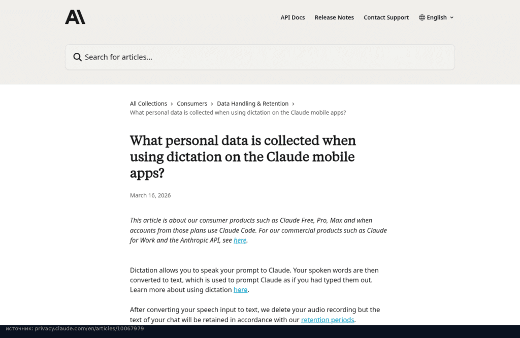 Privacy Center Anthropic о диктовке в мобильных приложениях Claude