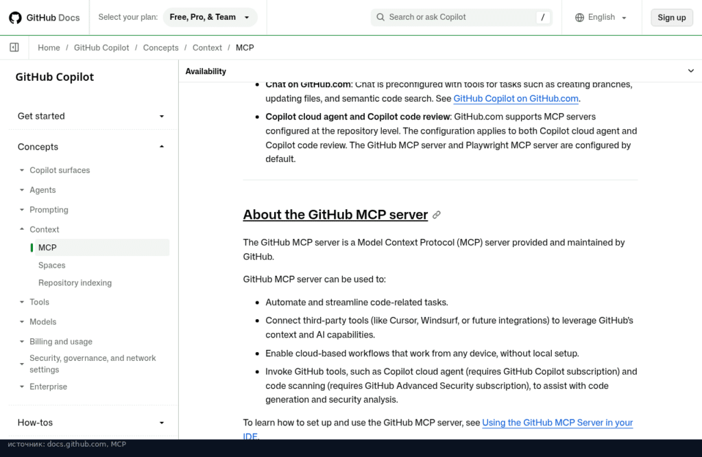 Документация GitHub: MCP в Copilot и серверы GitHub и Playwright
