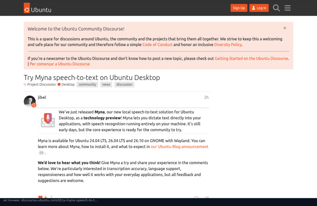 Анонс Myna на Ubuntu Discourse