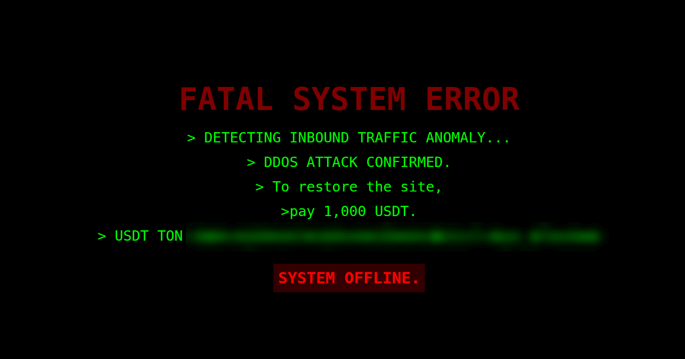 Чёрный экран с надписью FATAL SYSTEM ERROR и требованием заплатить 1000 USDT