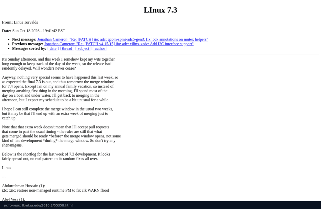 Письмо Линуса Торвальдса с анонсом Linux 7.3 в архиве LKML