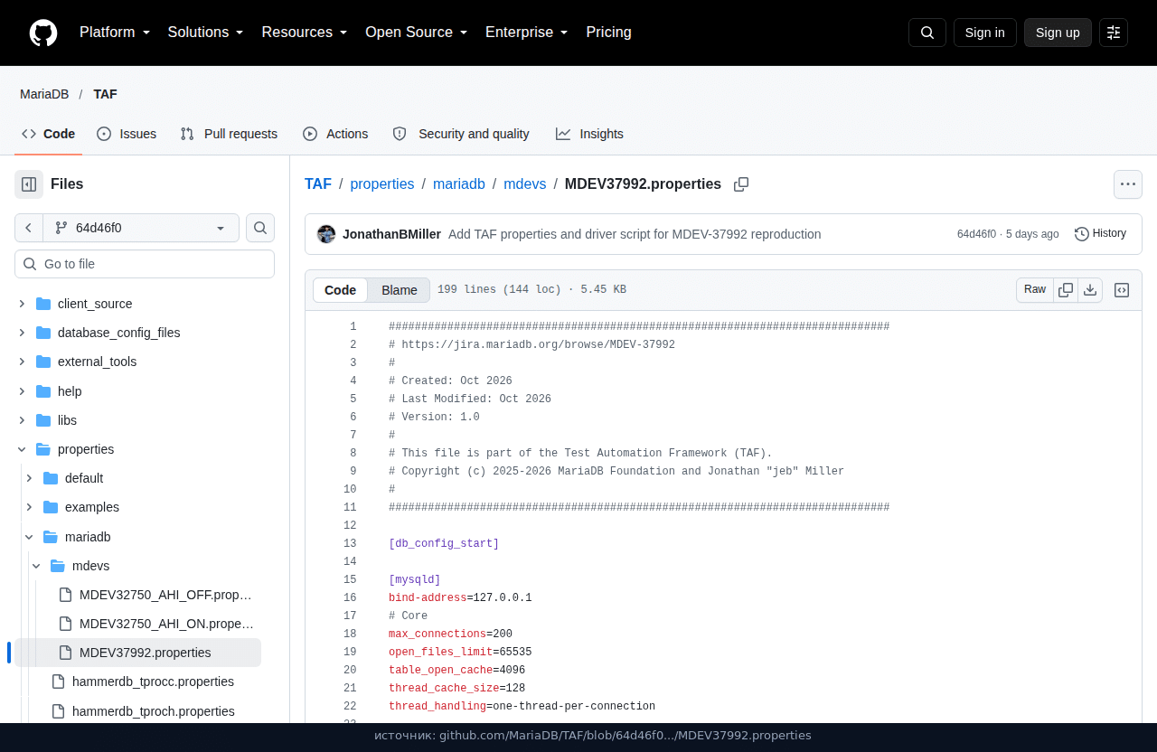 Файл MDEV37992.properties в каталоге properties/mariadb/mdevs