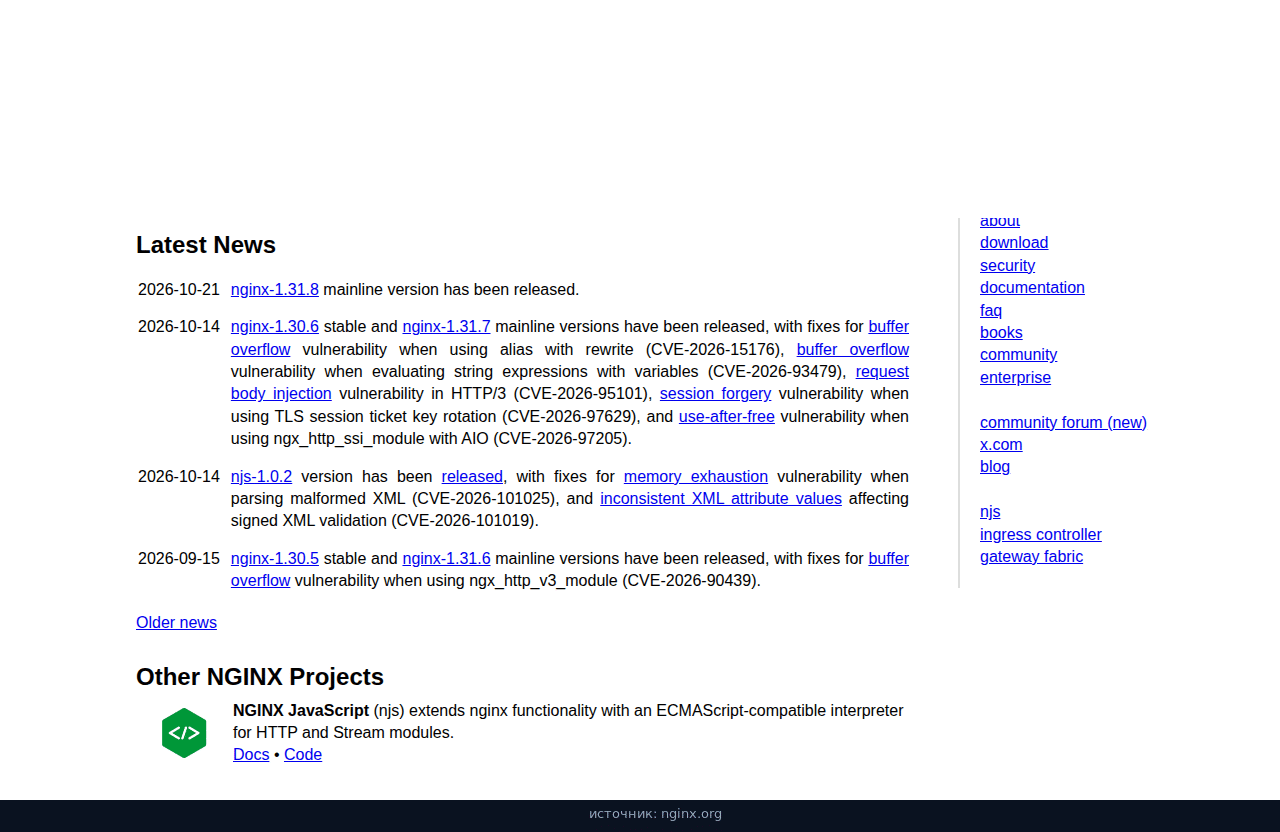 Лента новостей nginx.org: 21 октября вышла mainline 1.31.8