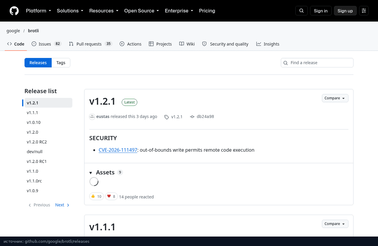 Релиз Google Brotli v1.2.1 с пометкой SECURITY CVE-2026-111497