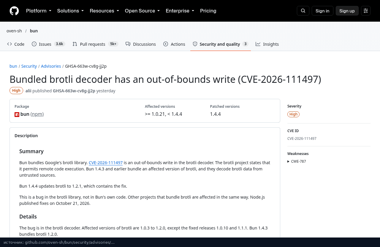 Security advisory Bun: патч 1.4.4 для CVE-2026-111497