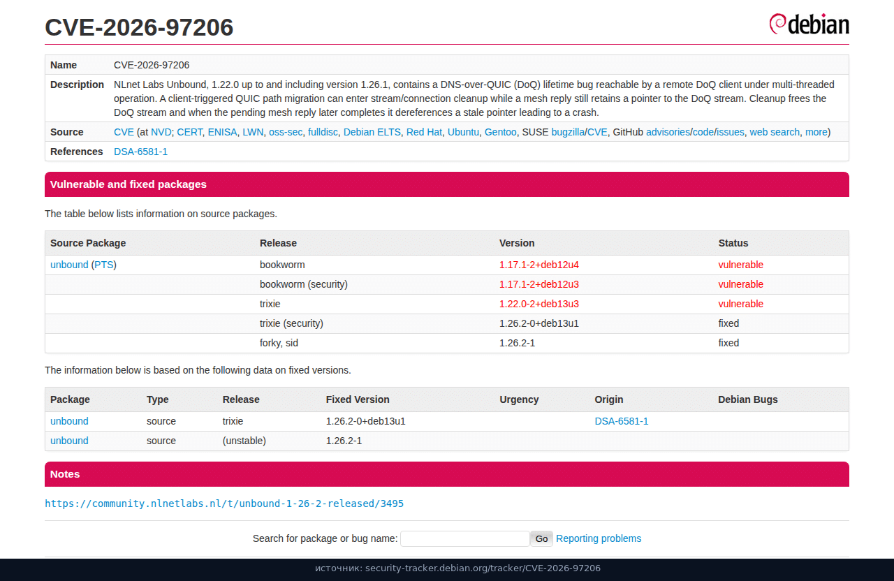 CVE-2026-97206: DoQ с 1.22.0 по 1.26.1, trixie-security fixed