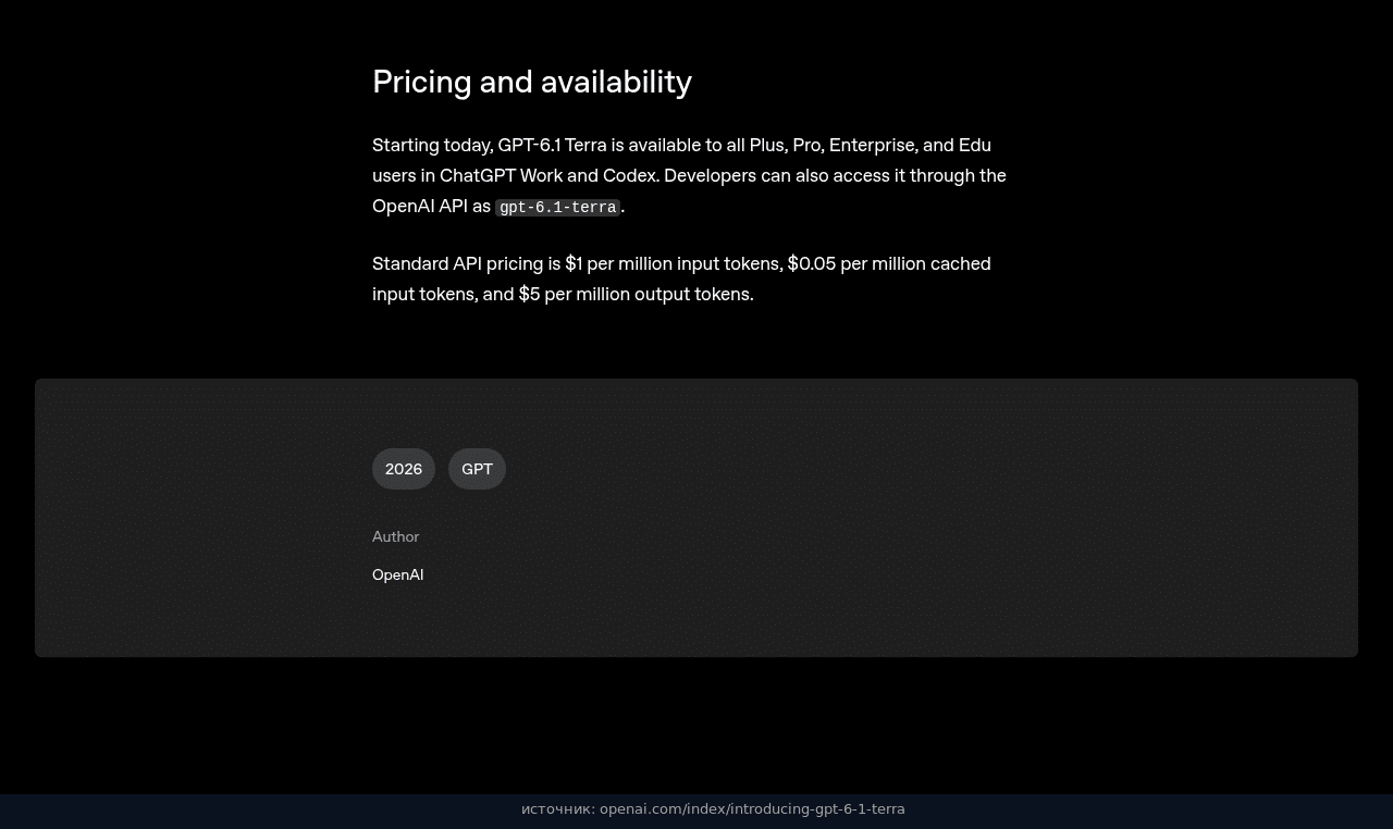 Цена API gpt-6.1-terra: $1, $0.05 и $5