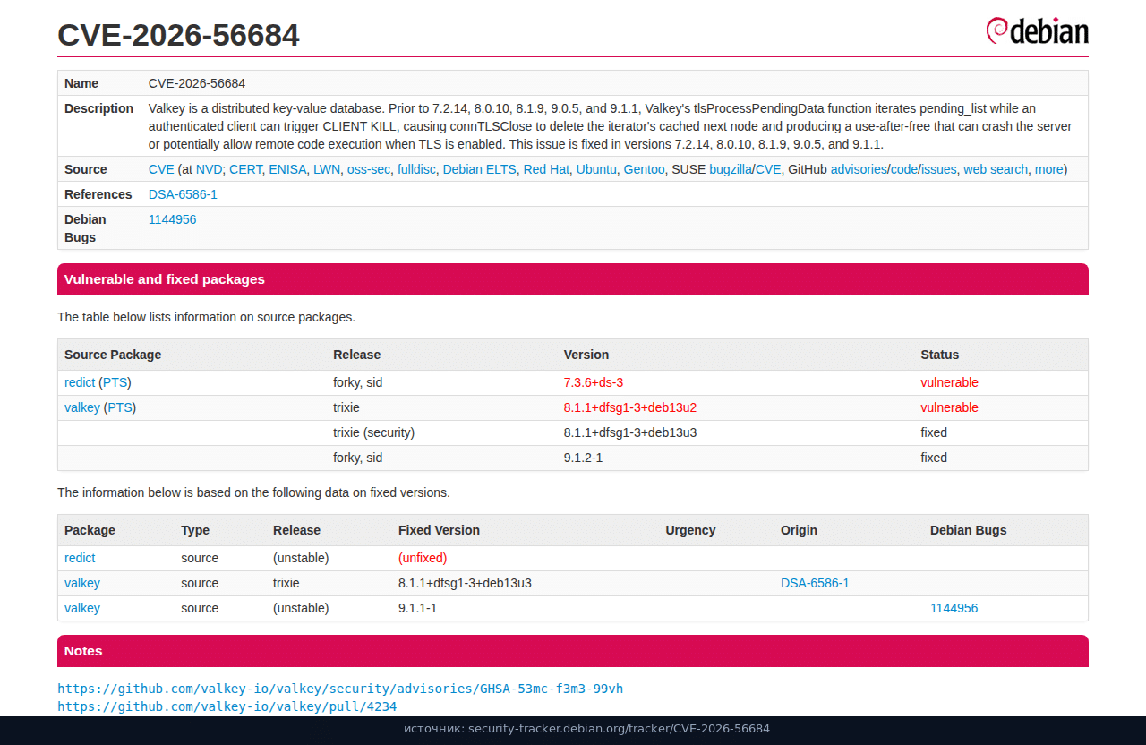 CVE-2026-56684: CLIENT KILL при TLS, баг 1144956, deb13u3 fixed