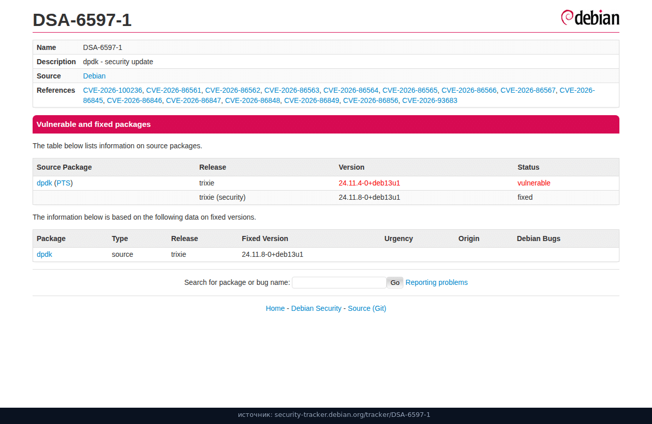 DSA-6597-1: trixie 24.11.4 vulnerable, trixie-security 24.11.8 fixed