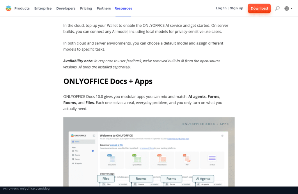 Блог ONLYOFFICE: встроенный AI убран из открытых версий, модули Apps