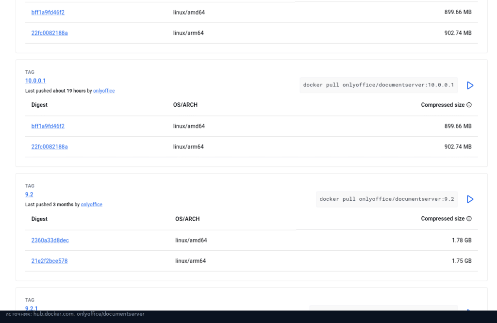Docker Hub: образ onlyoffice/documentserver с тегами 10.0